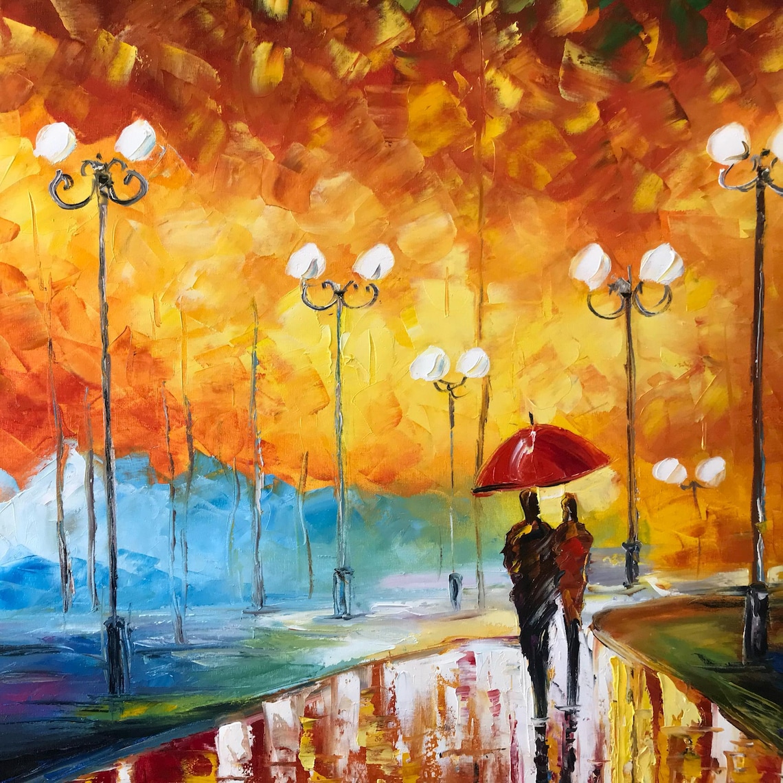 Couple Walking in Park, Autumn Rain Art Print - Image 2