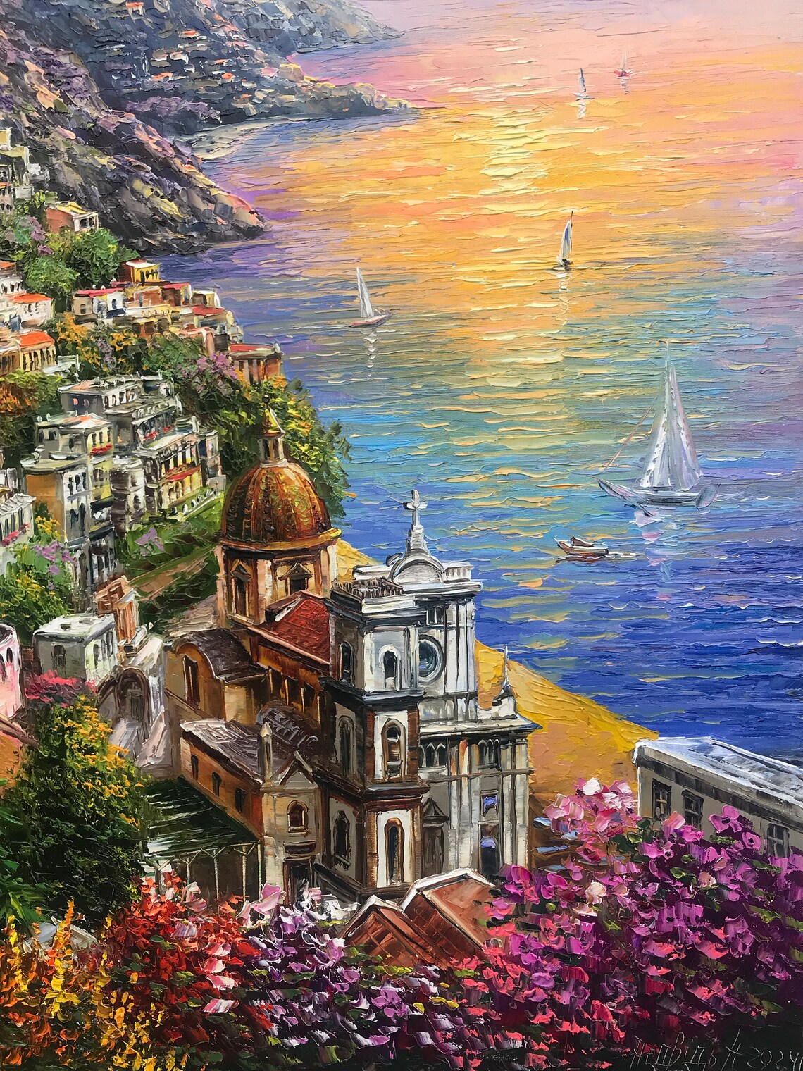 Positano, Italy Amalfi Coast Oil Painting Art Print - Image 2