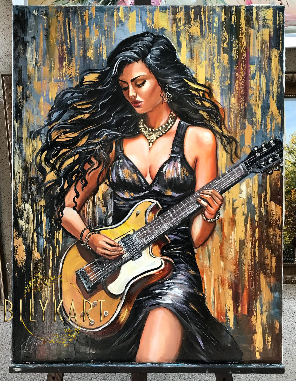 Woman With Guitar Painting Original Electric Guitar Art Guitarist Painting Abstract Guitar Art Girl With Guitar Painting Music Studio Decor - Image 3