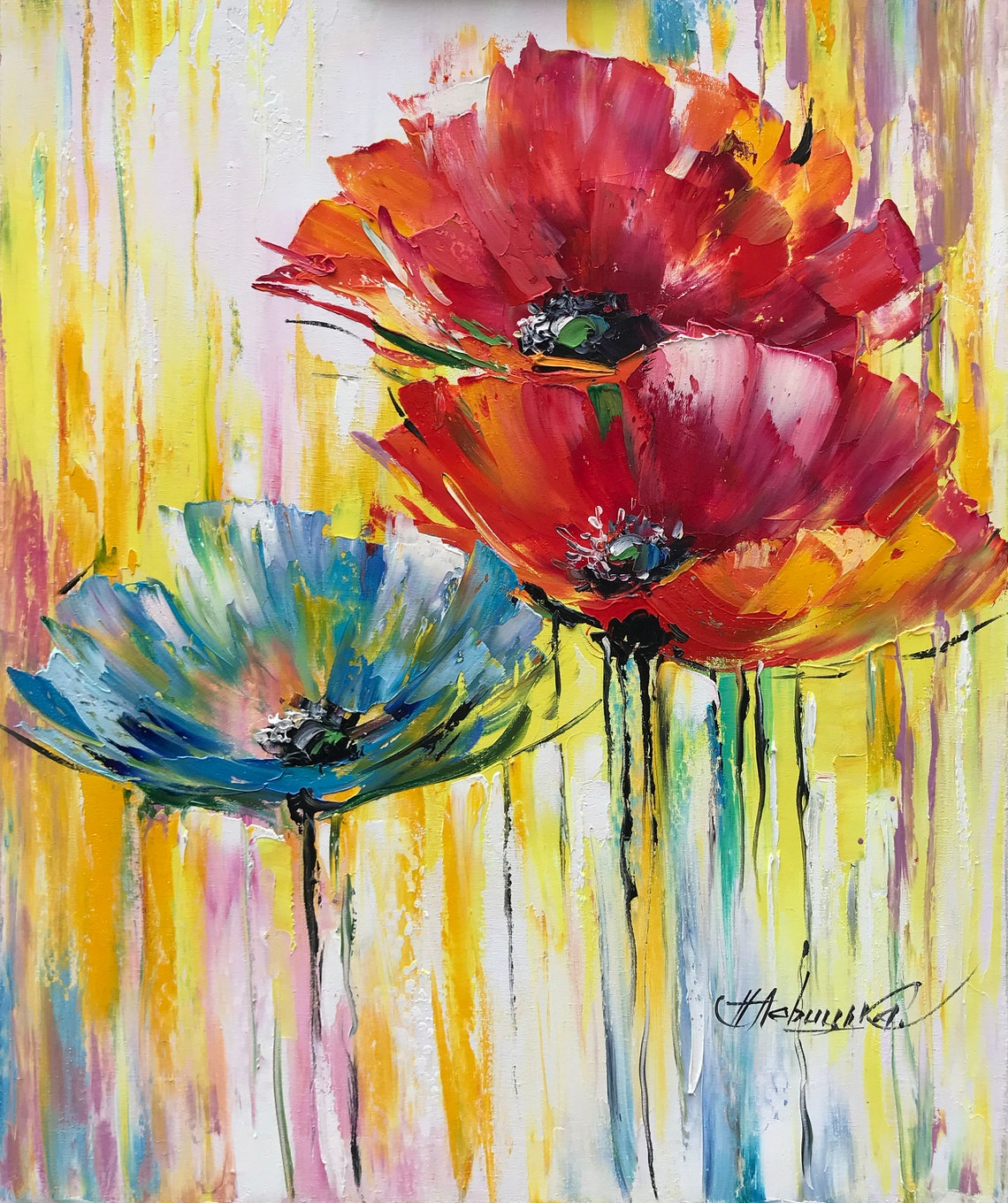 Large Poppy Oil Painting Original Abstract Wildflowers Art Work Red Yellow Poppy Art Abstract Floral Art Extra Large Wild Flowers Painting - Image 3