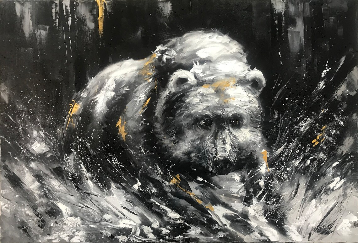Black White Bear Charging Gold Accent Abstract Wildlife Oil Painting Poster - Image 3