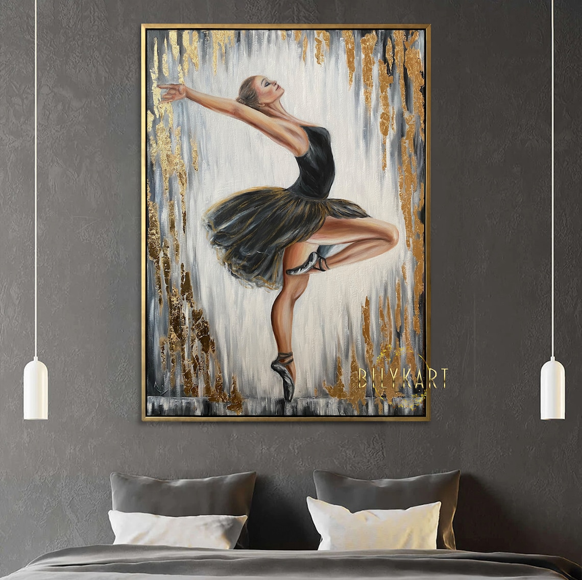 Dancing Ballerina In Black Dress Gold Leaf Ballet Art Painting - Image 3