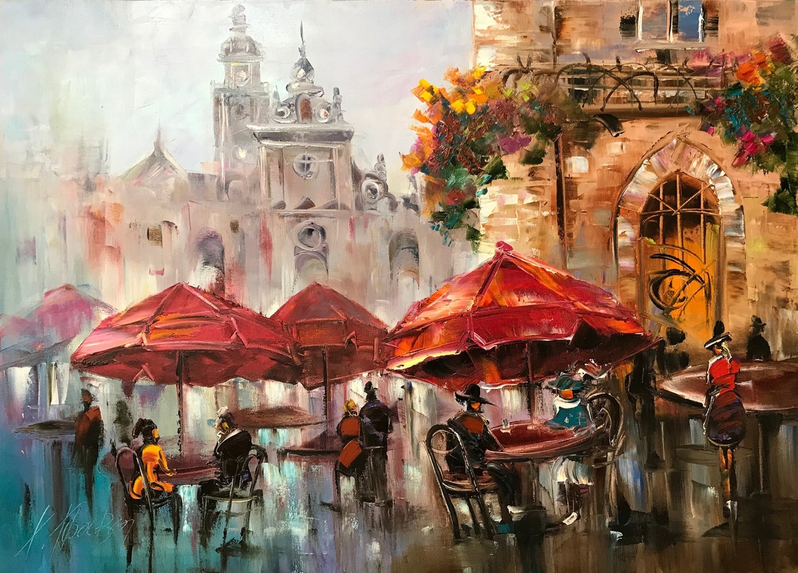 European Cafe Painting Original Restaurant Painting Bistro Art City Buildings Handmade Oil Painting Street Scene Ukrainian Painting 30x40
