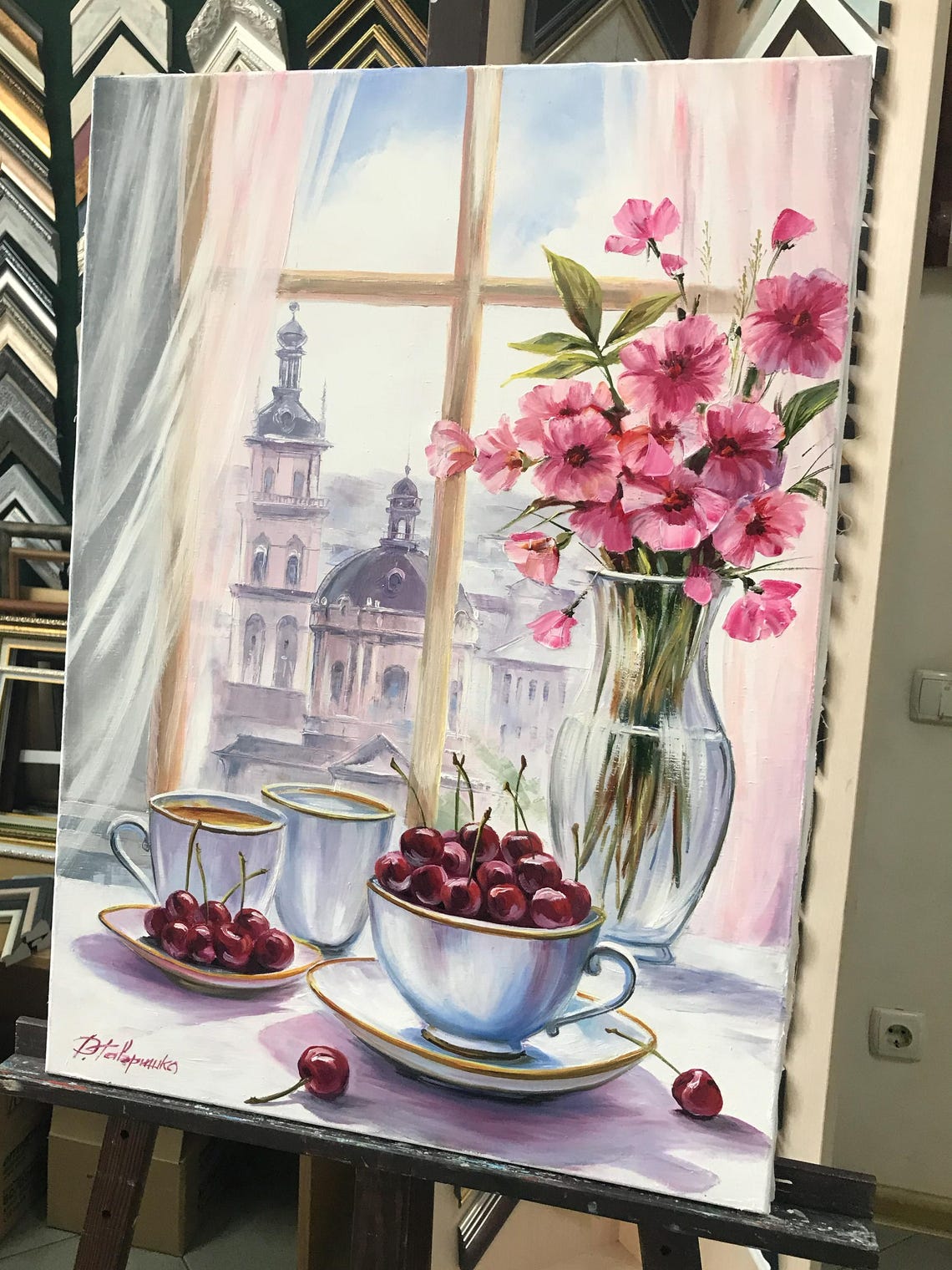 Pink Flower Vase Cherries and Coffee on Windowsill City View Poster - Image 2