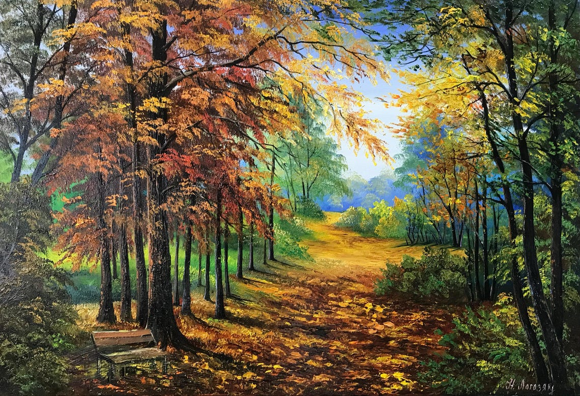 Autumn Forest Golden Path Park Bench Fall Foliage Oil Painting Poster