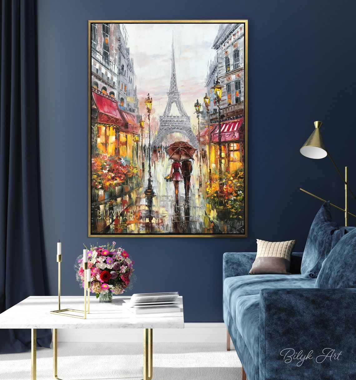 Paris Eiffel Tower Couple Under Umbrella Rainy Evening Love Poster - Image 3