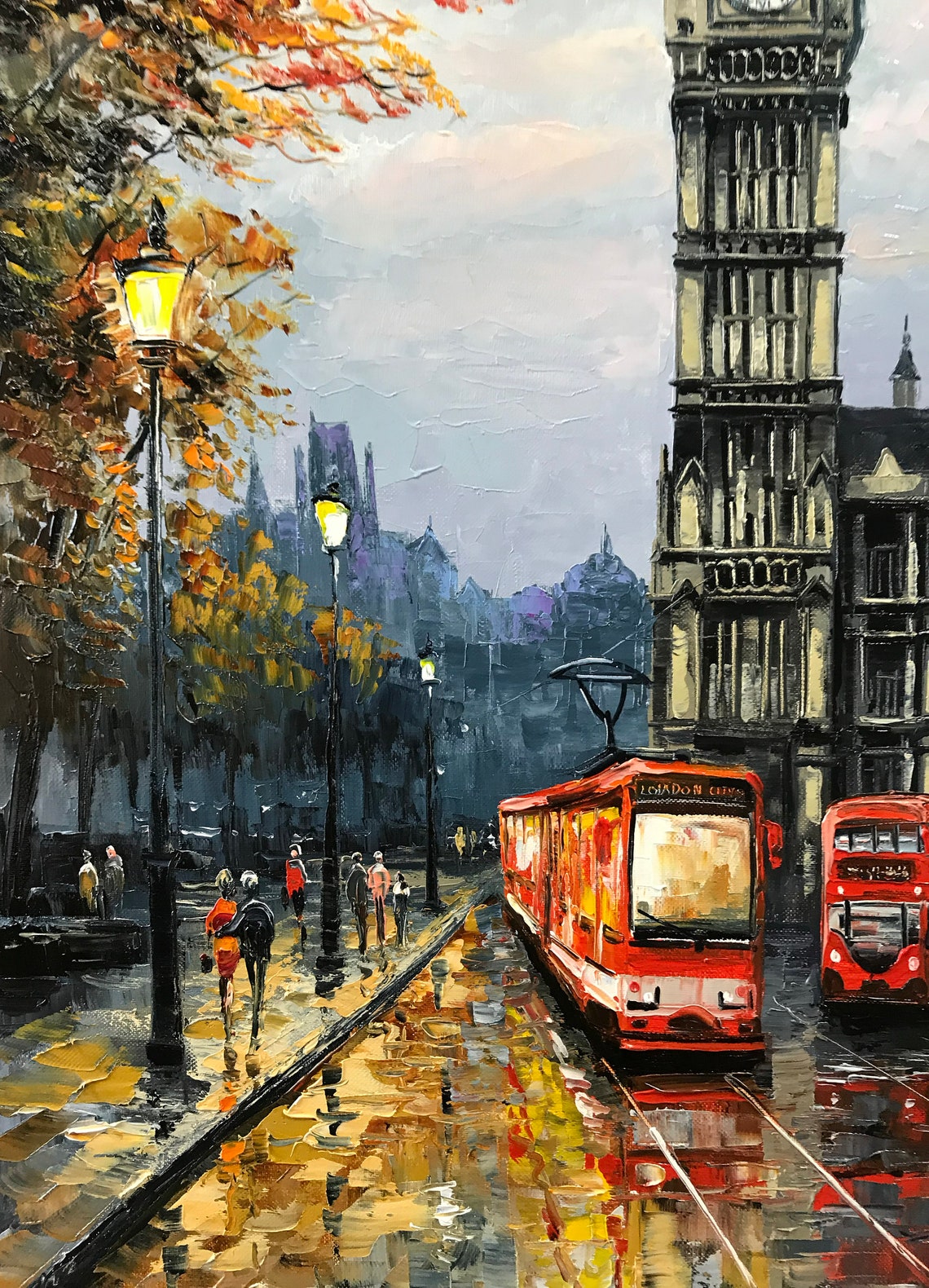London Street Painting On London Scene Wall Art City Street View Painting Big Ben Art London Bus Oil Painting Original Artwork - Image 2