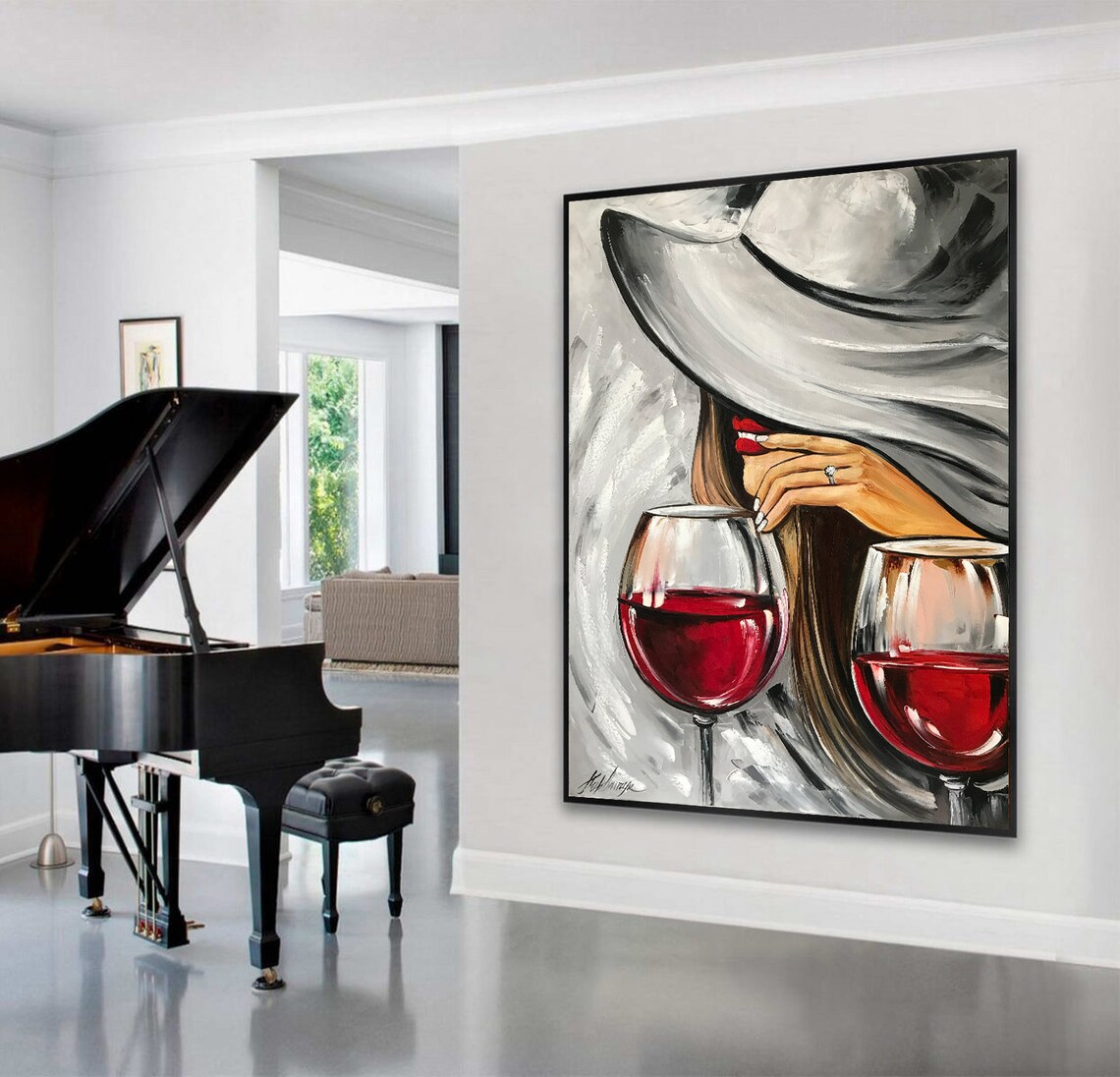 Mystery Woman Red Wine Glasses Modern Black Red Gray Oil Painting Poster - Image 3