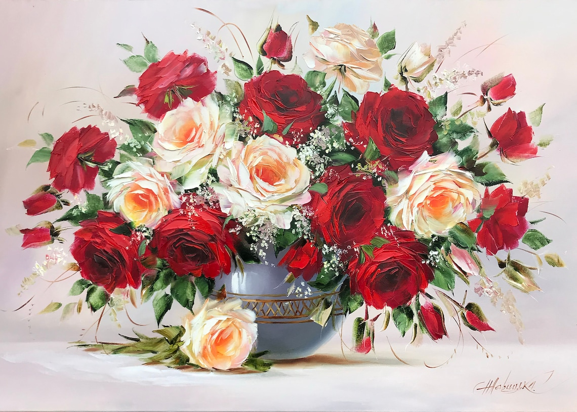 Rose Oil Painting, Floral Bouquet Wall Art Print