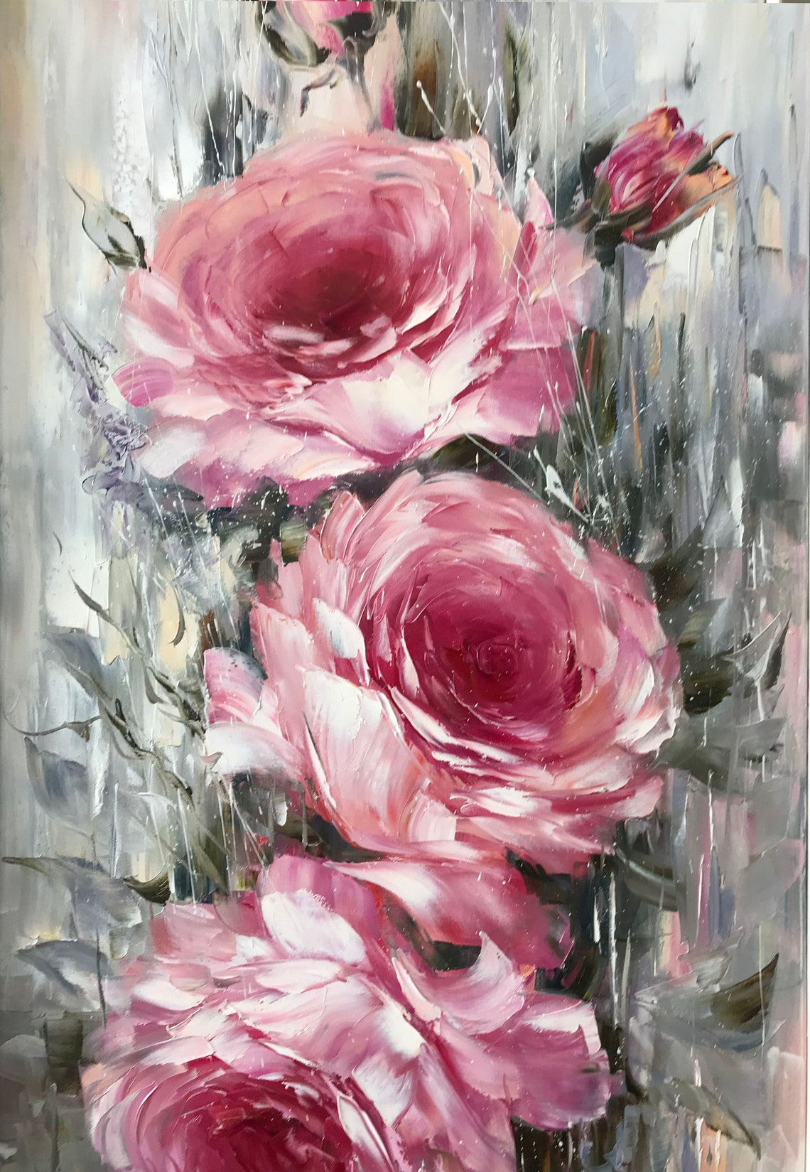 Tall Pink Roses Vertical Oil Painting Narrow Wall Floral Art Poster - Image 3