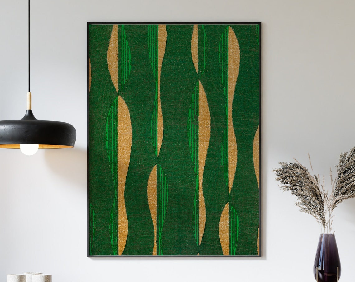 Japanese Woodblock Style Abstract Emerald Green Gold Waves Art Poster - Image 3