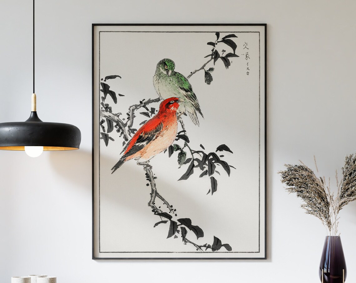 Japanese Songbirds Ink Branch Vintage Woodblock Style Poster - Image 3