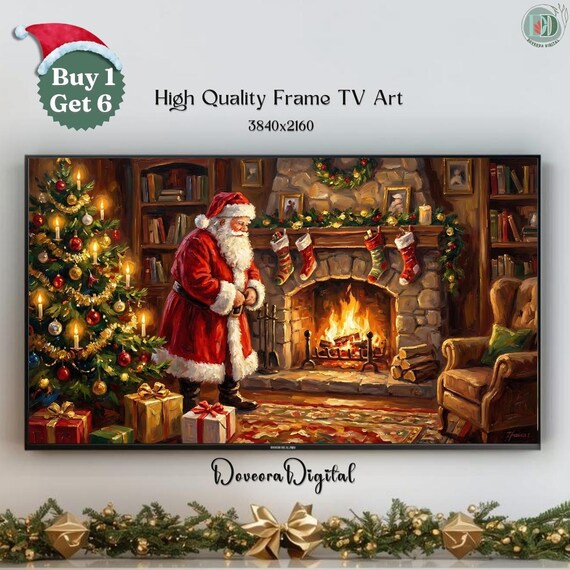 Santa Claus by the Fireplace Samsung Frame TV Art Christmas Scene Print