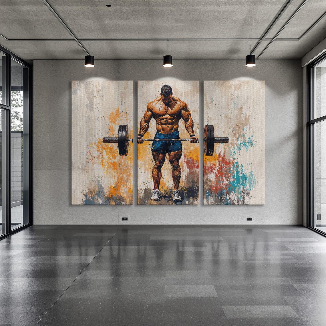 Bodybuilder Deadlift in Blue Shorts Warm Paint Splash Poster - Image 6