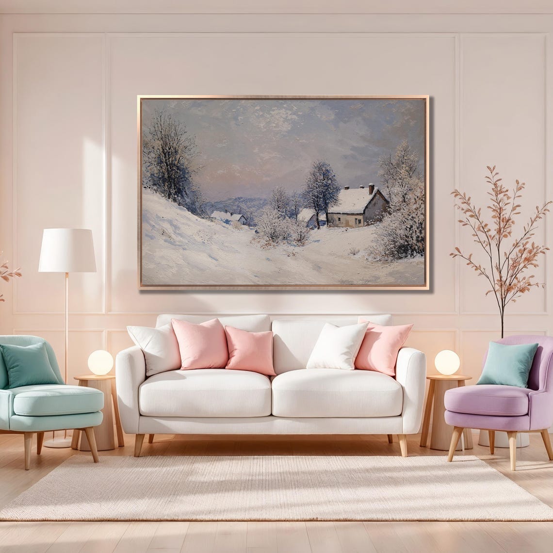 Winter Cabin In Snowy Forest Framed Print Extra Large Rustic Village Wall Art Nature Landscape Painting Print Ready To Hang - Image 4