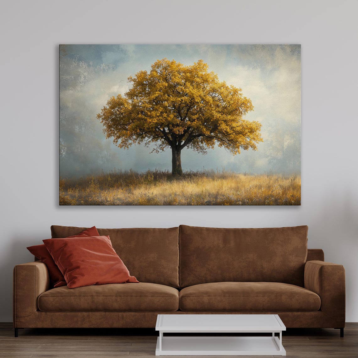 Lone Autumn Tree With Golden Leaves In A Misty Field Scene Poster - Image 3