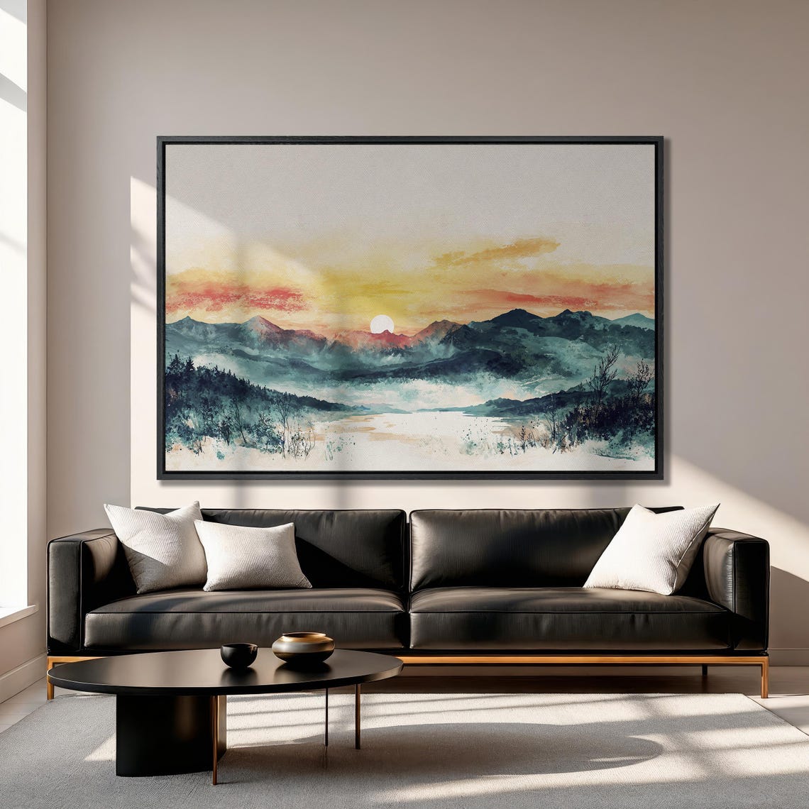 Abstract Mountain Sunset with Sun Over Teal Ridges Art Poster - Image 3