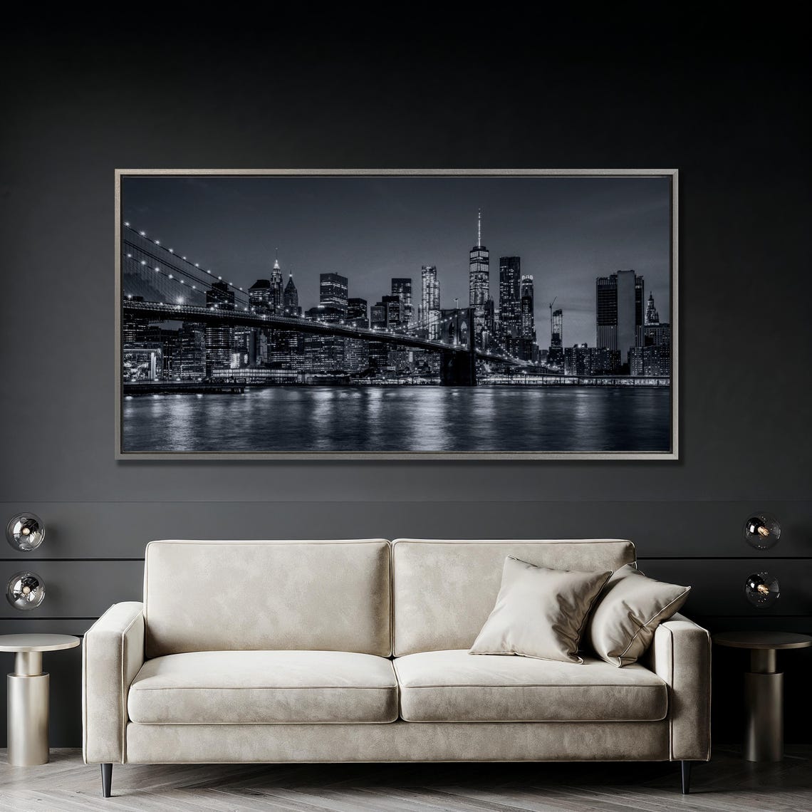 New York City Skyline And Brooklyn Bridge Black And White Night Poster - Image 3