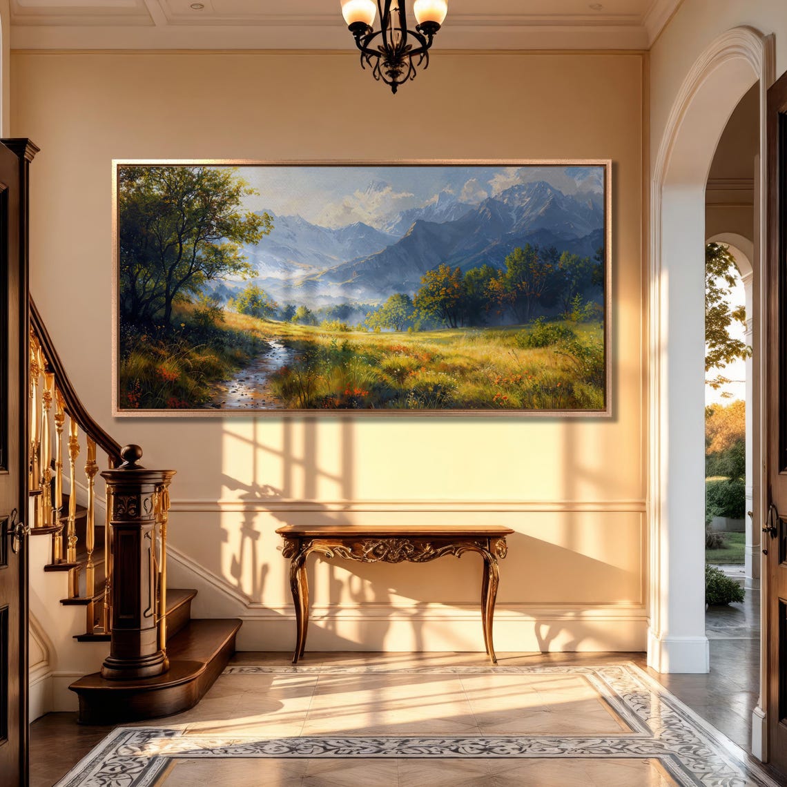 Golden Meadow And Stream Beneath Misty Snowy Peaks Landscape Poster - Image 2