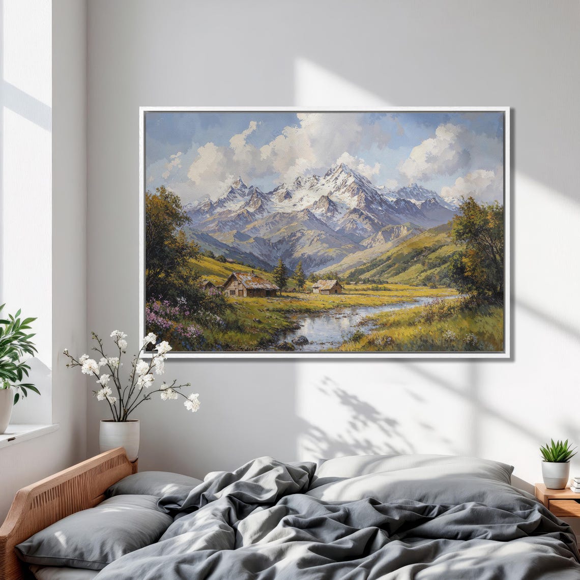 Alpine Cabins by a Creek Below Snow Capped Mountain Peaks Poster - Image 2