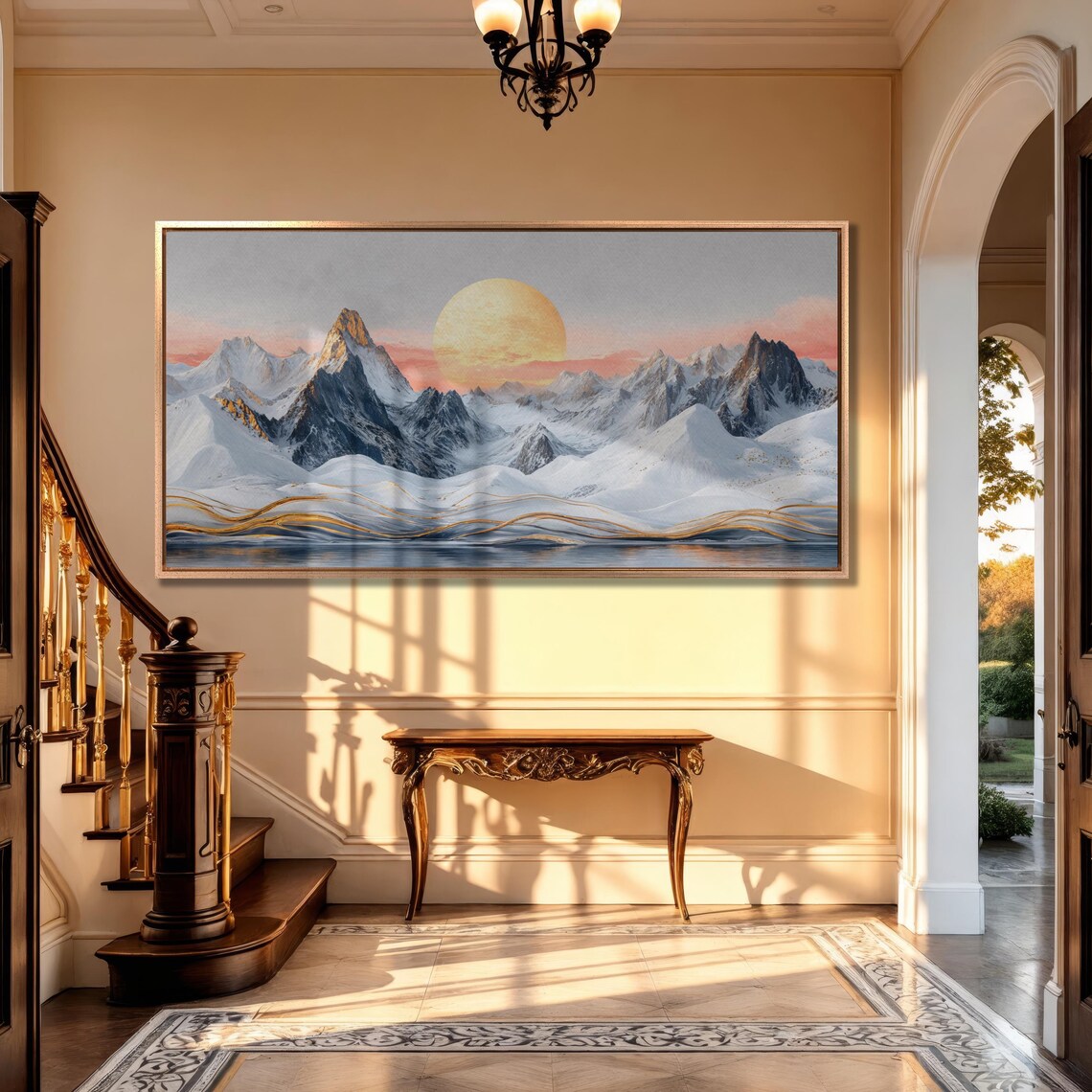 Serene Snowy Mountain Landscape Wall Art Golden Sun Painting Print Luxury Home Decor Abstract Nature Scenery Poster Ready To Hang - Image 2