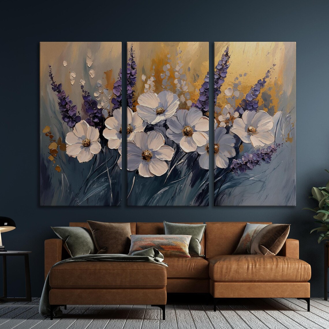 White Flowers And Lavender Sprigs On Golden Glow Painting Poster - Image 5