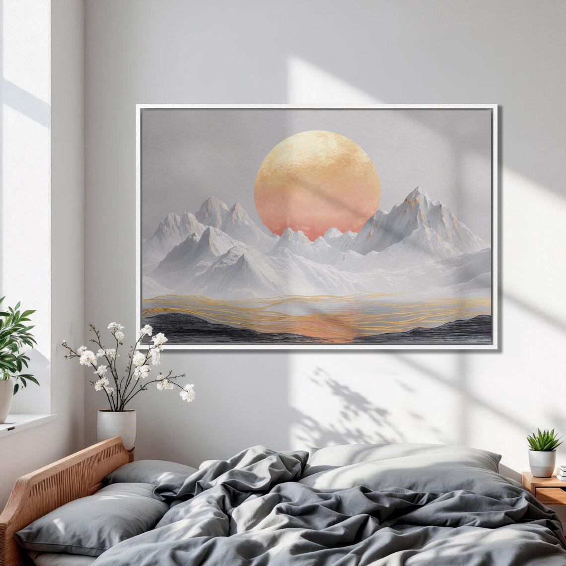 Sun Rising Over Snowy Peaks With Golden Waves Abstract Poster - Image 2