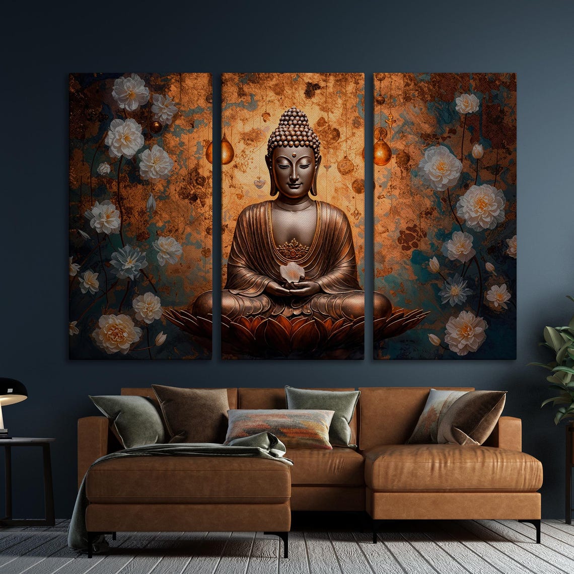 Bronze Buddha Meditating on Lotus Among White Flowers Poster - Image 5