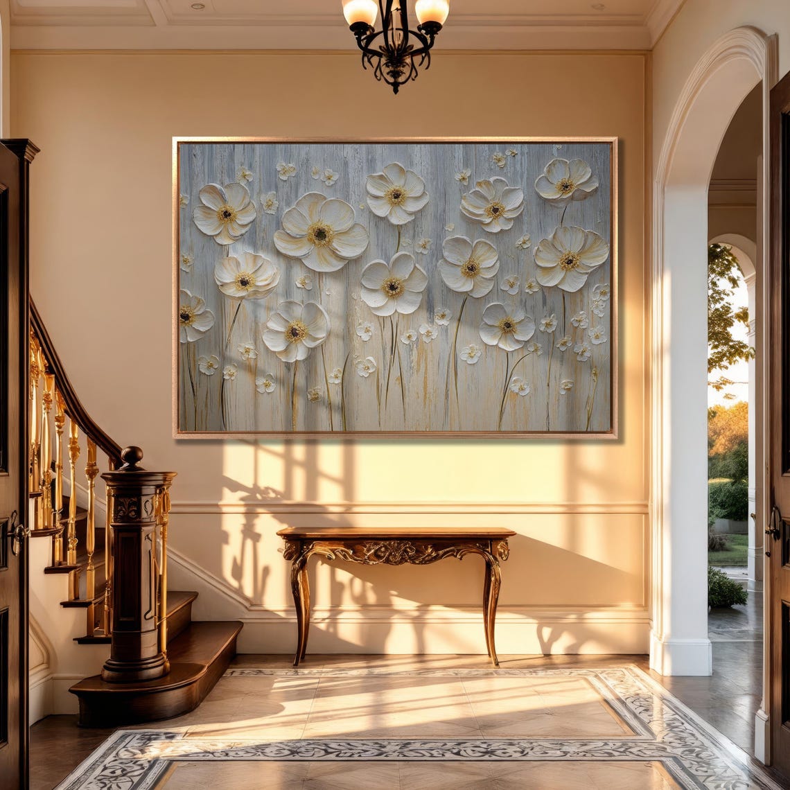 White Blossoms With Gold Centers Textured Floral Painting Poster - Image 3