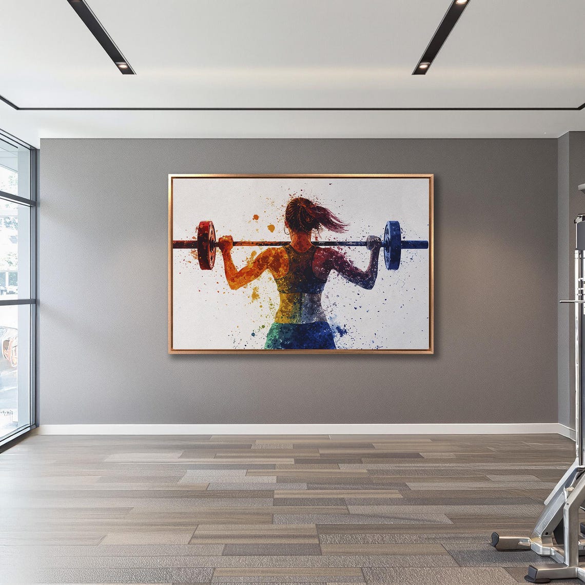 Woman Weightlifter Squatting With Barbell Splash Watercolor Poster - Image 3