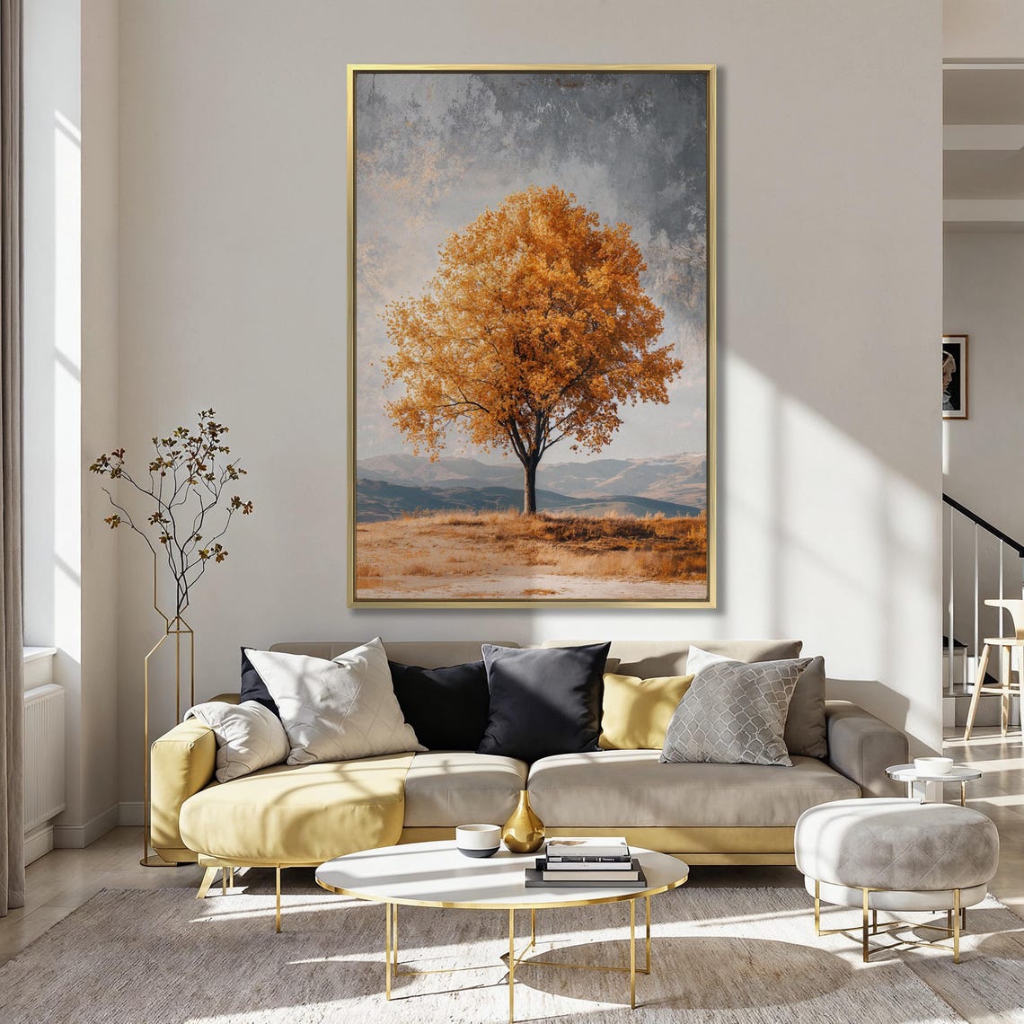 Lone Autumn Tree With Orange Foliage Under Cloudy Sky Landscape Poster - Image 4