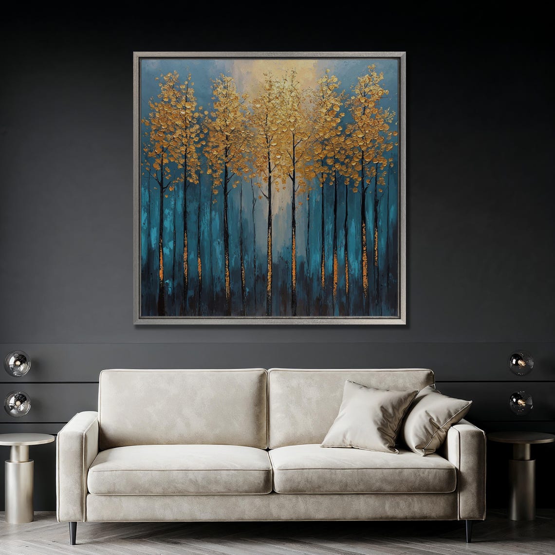 Abstract Gold Trees Against a Teal Blue Forest Landscape Wall Art - Image 5