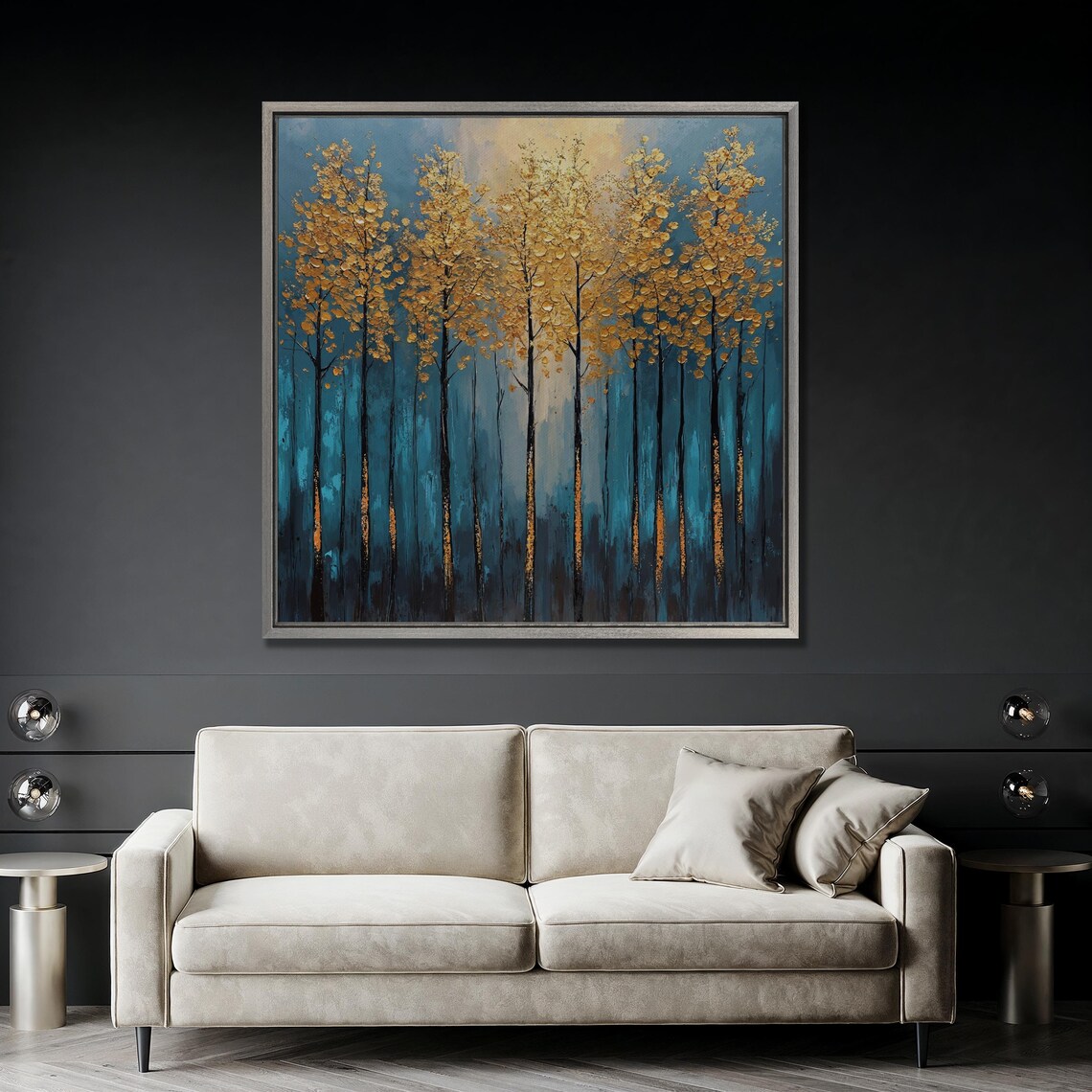 Abstract Trees With Golden Leaves Wall Art Modern Forest Landscape Painting Print Luxury Decor Blue And Gold Art Poster Ready To Hang - Image 5