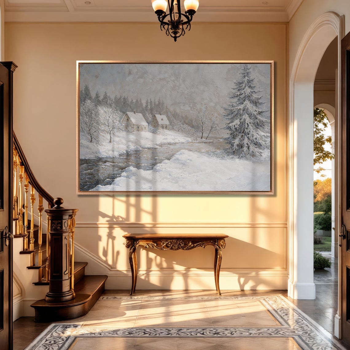 Snowy Cabins by a Frozen River in a Whiteout Winter Scene Poster - Image 5