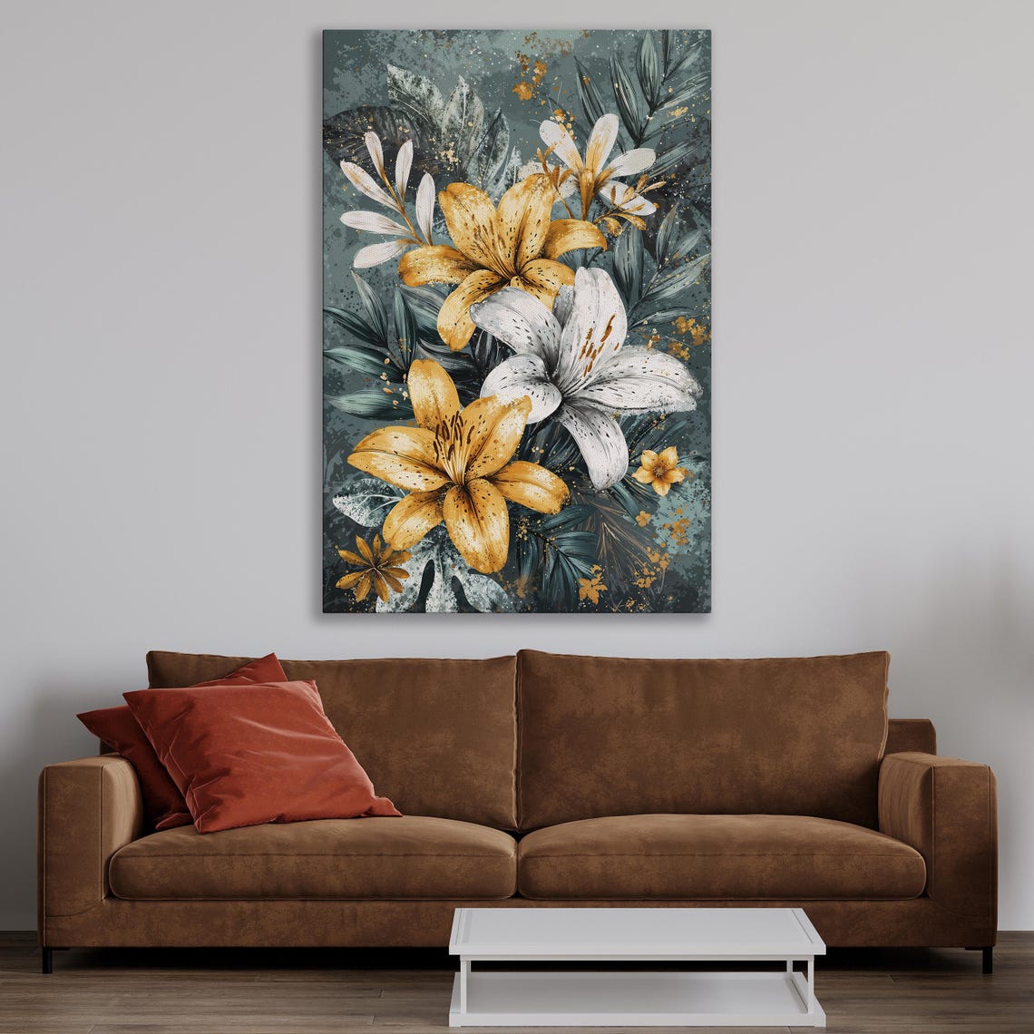 Golden and White Lily Bouquet on Dark Teal Botanical Art Print - Image 4