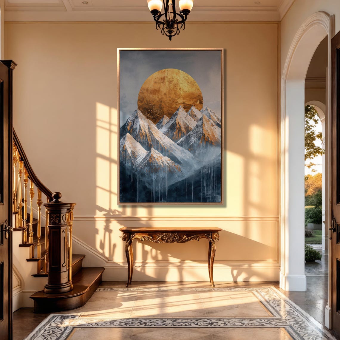 Copper Sun Behind Snowy Peaks With Paint Drips Abstract Wall Art - Image 5