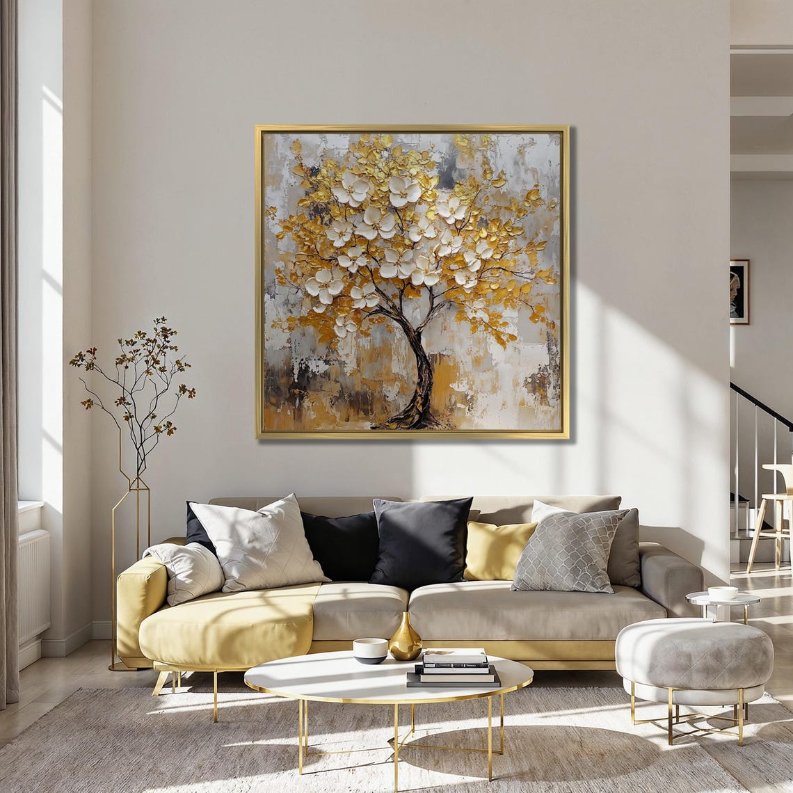 White Blossom Tree With Gold Impasto Leaves Abstract Art Poster - Image 5