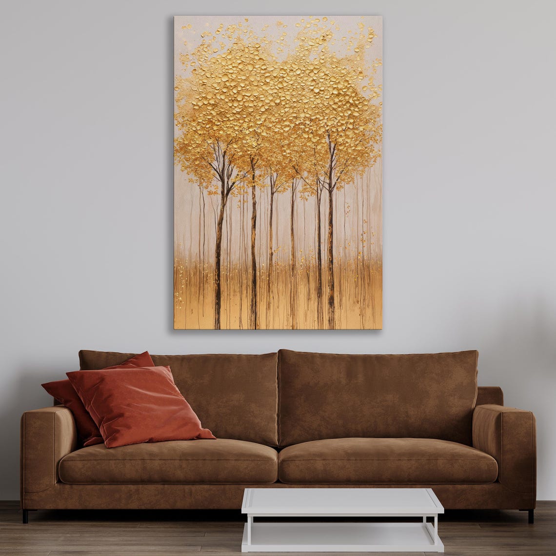 Five Textured Golden Trees on a Pale Abstract Background Wall Art - Image 3