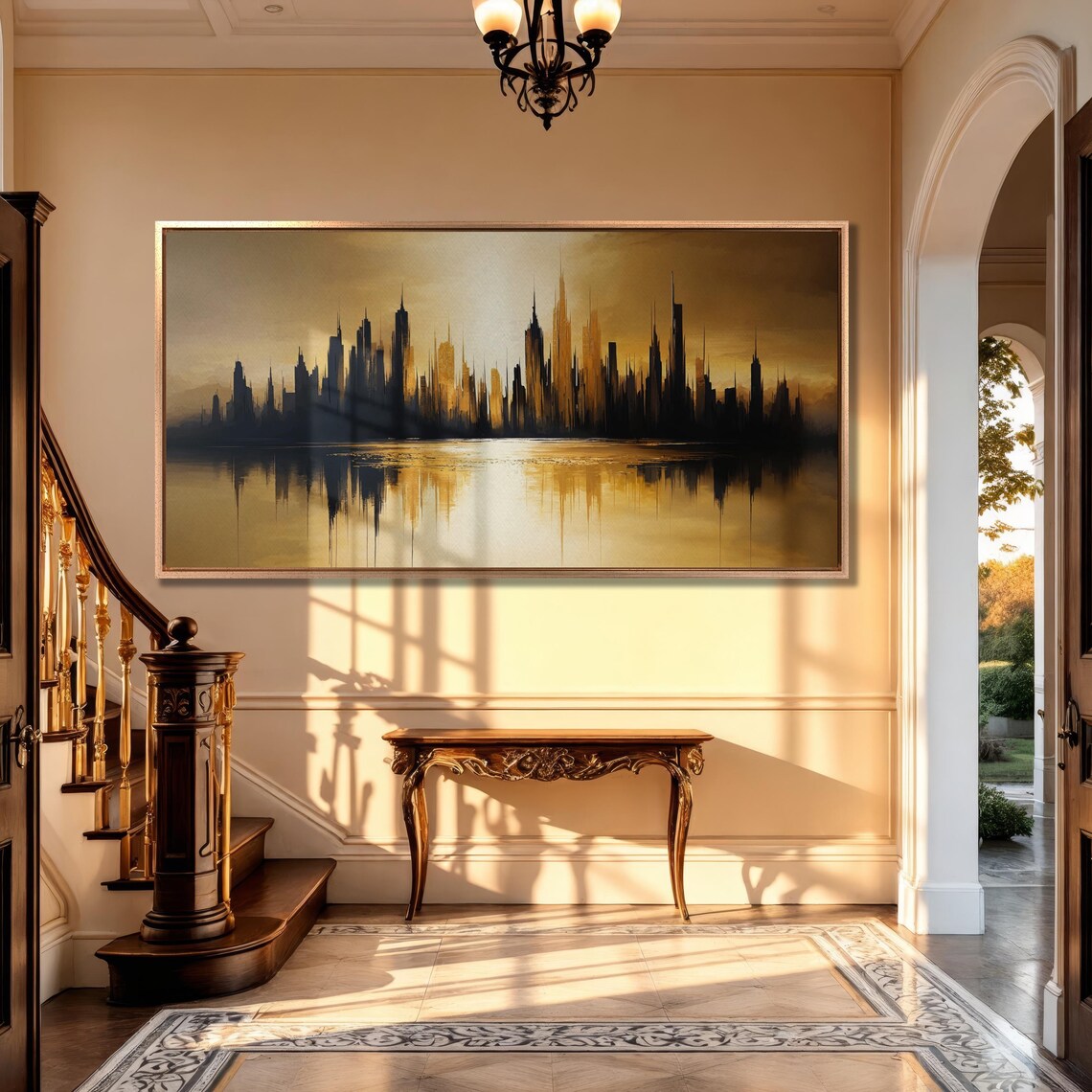 Abstract Cityscape Wall Art City Skyline Reflection Painting Print Luxury Wall Decor Urban Black And Gold Poster Ready To Hang Gift - Image 4
