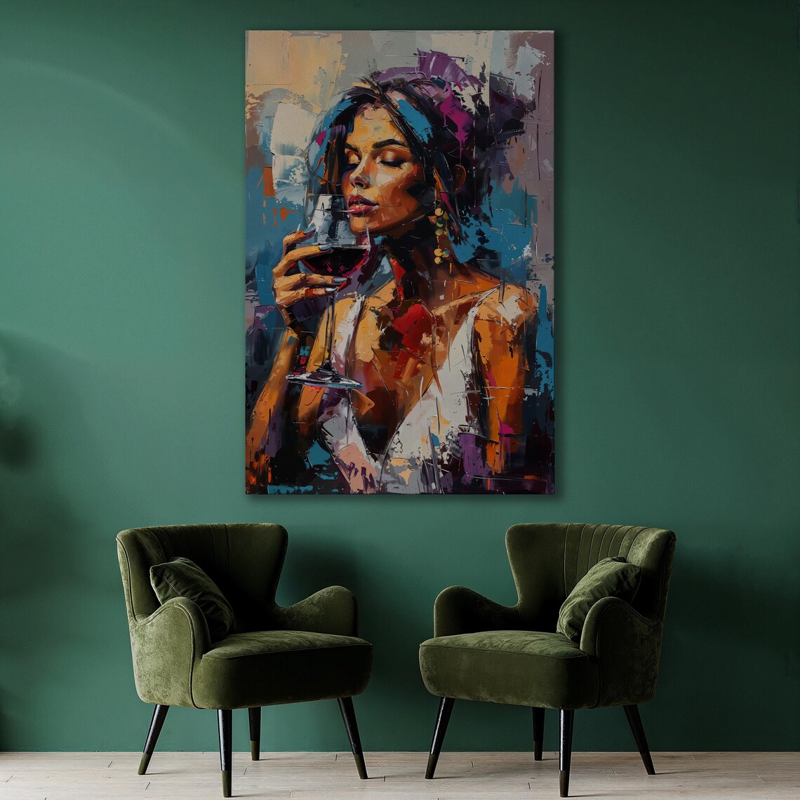 Elegant Woman Drinking Red Wine, Abstract Art Print - Image 3