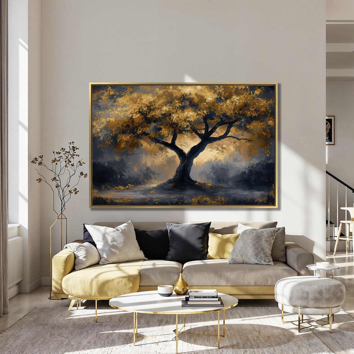 Mystical Tree With Golden Leaves Landscape Art Print - Image 4