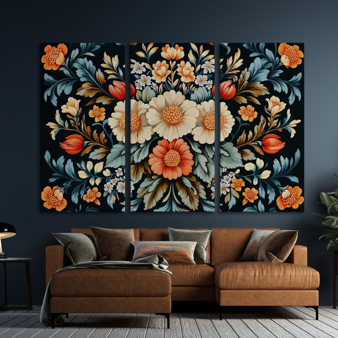 Dark Botanical Bouquet with Cream Blooms and Orange Tulips Poster - Image 6