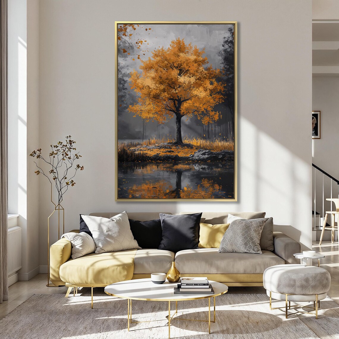 Vibrant Autumn Tree by a Lake on a Rocky Shore Landscape Poster - Image 4