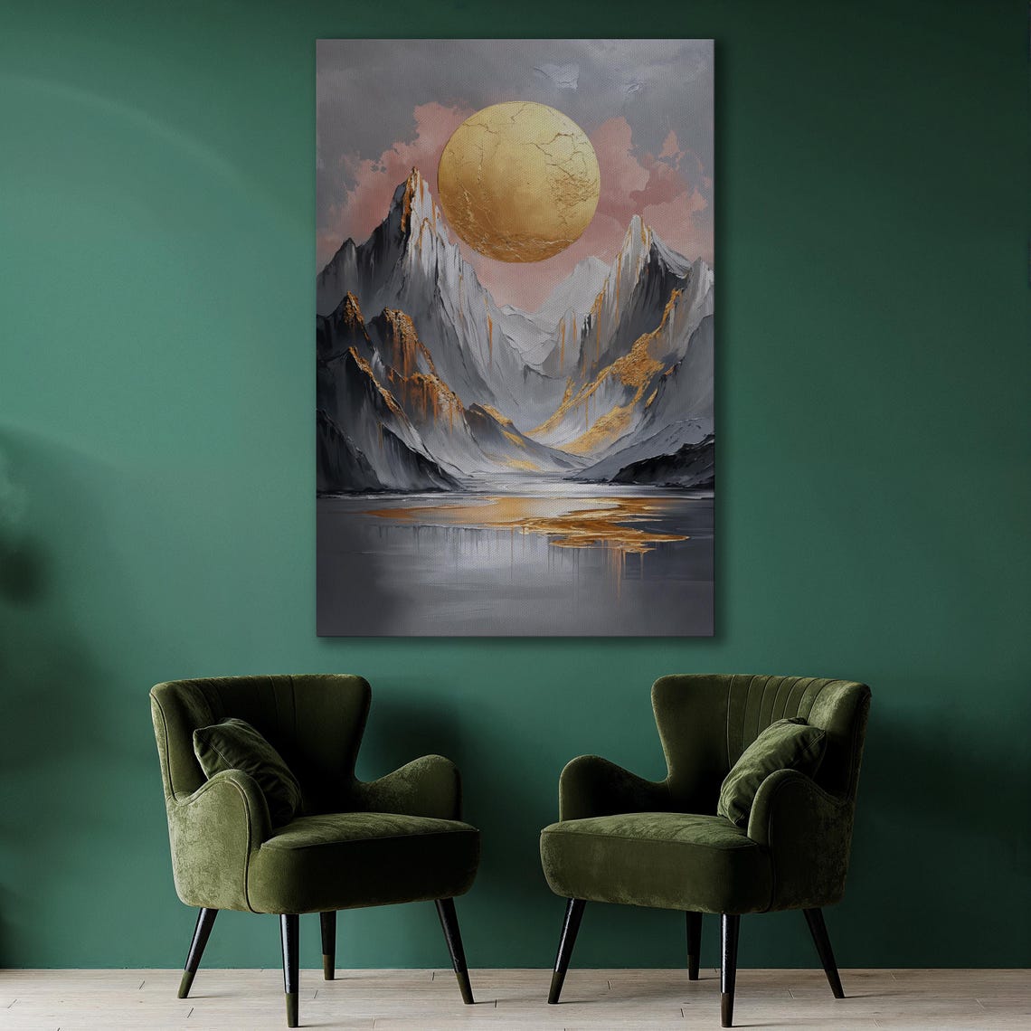 Golden Moon Over Snowy Peaks With Pink Clouds and Lake Poster - Image 3