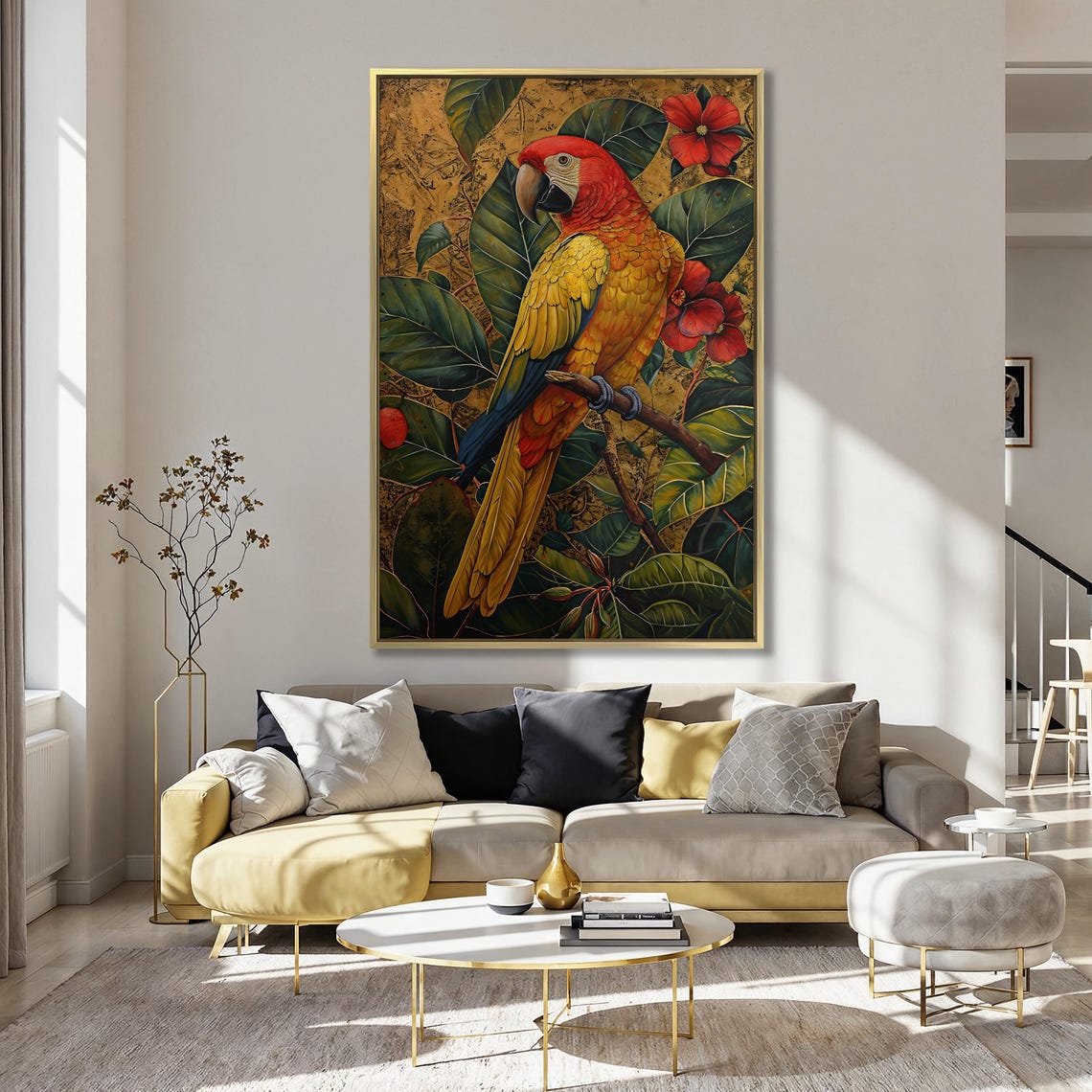 Scarlet Macaw Perched Among Red Flowers Tropical Parrot Art Poster - Image 5