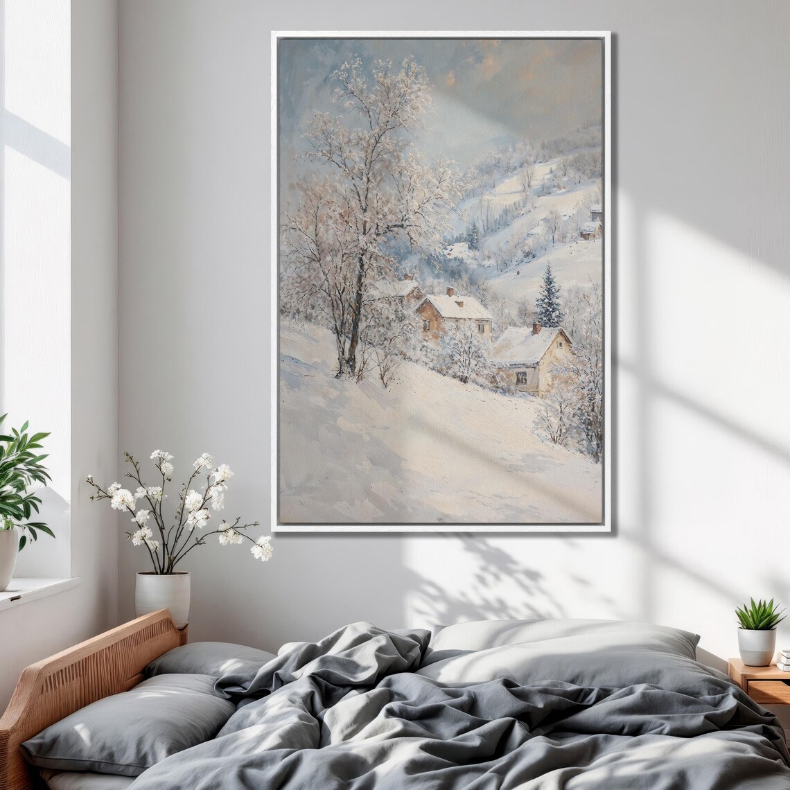 Snowy Village Houses on Hillside in Soft Winter Light Poster - Image 2
