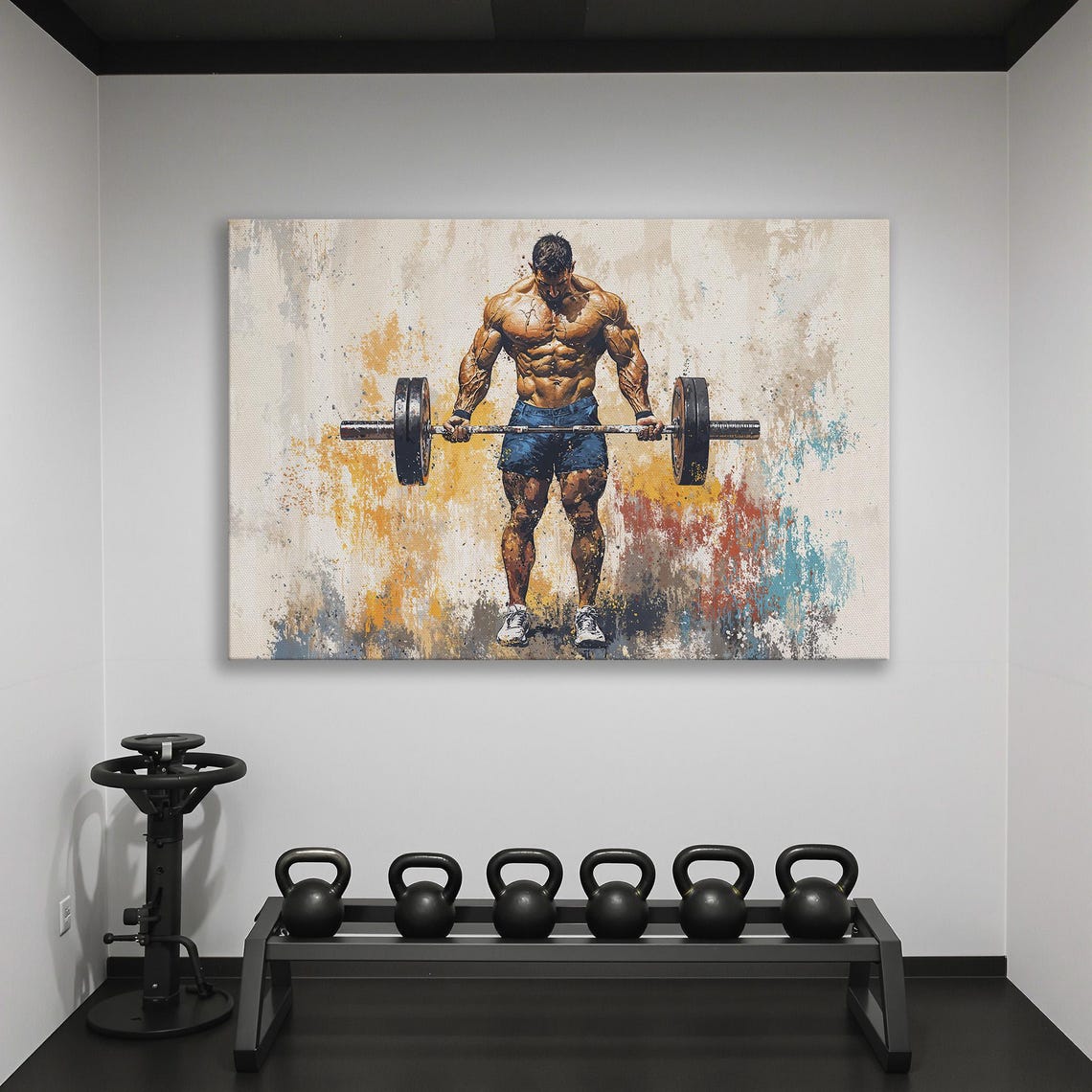 Bodybuilder Deadlift in Blue Shorts Warm Paint Splash Poster - Image 2