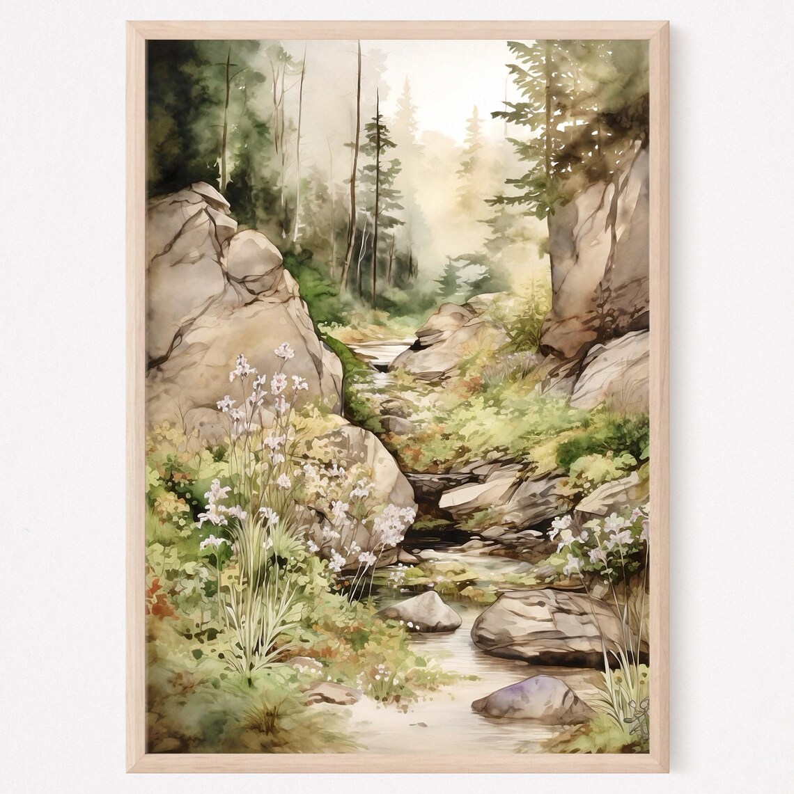 Sunlit Woodland Stream Flowing Through Rocky Ravine Watercolor Poster