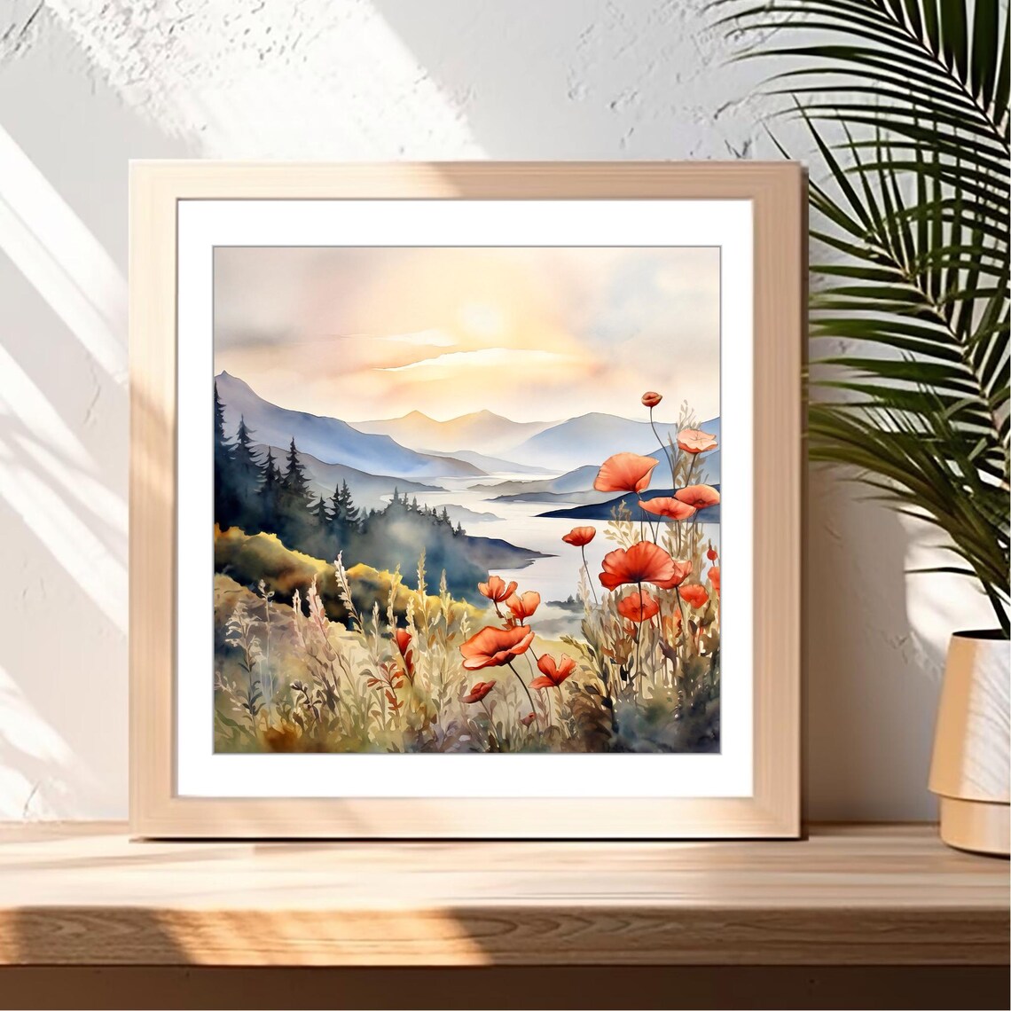 Columbia Gorge Watercolor Painting Mountain River Art Print Poppy Flowers Landscape Print Foggy Pine Forest Fine Art Print Home Decor Gift - Image 3