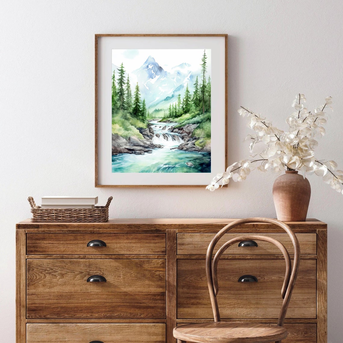 Misty Snow Capped Alpine Peak Forest River Watercolor Scenery Poster - Image 3